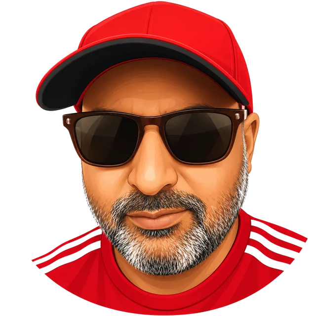 Illustrated portrait of Raj Curwen in a red cap and sunglasses