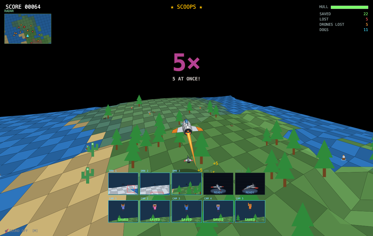 Scoops &mdash; an 8-bit rescue flight game hidden in this site: a shuttle banking over a flat-shaded 3-D world of trees and rivers, with cam dashboard and score HUD.